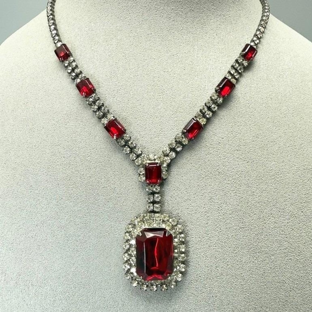 Vintage 1950s Red White Rhinestone Necklace 15" Y Drop MCM Statement Cocktail
